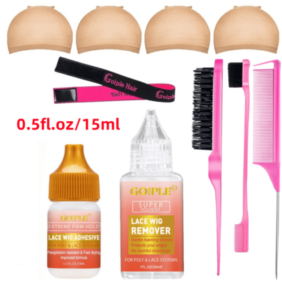 GOIPLE 2fl.Oz Spitze Schmelzspray, 15ml/38ml Perückenkleber wasserfest, 0,56oz Haarpomade Stift, 1,05oz Edge Control Gel, 1fl.Oz Kleberlöser, Augenbrauen Trimm Messer, HD Perückenkappen (1 Packung / 2 Stücke) Edge Laying Schal, Spitze Schmelzband für Spitzenperücken, Doppelkopfbürste, Styling Zubehör, 10 Stücke Perücken Installationskit