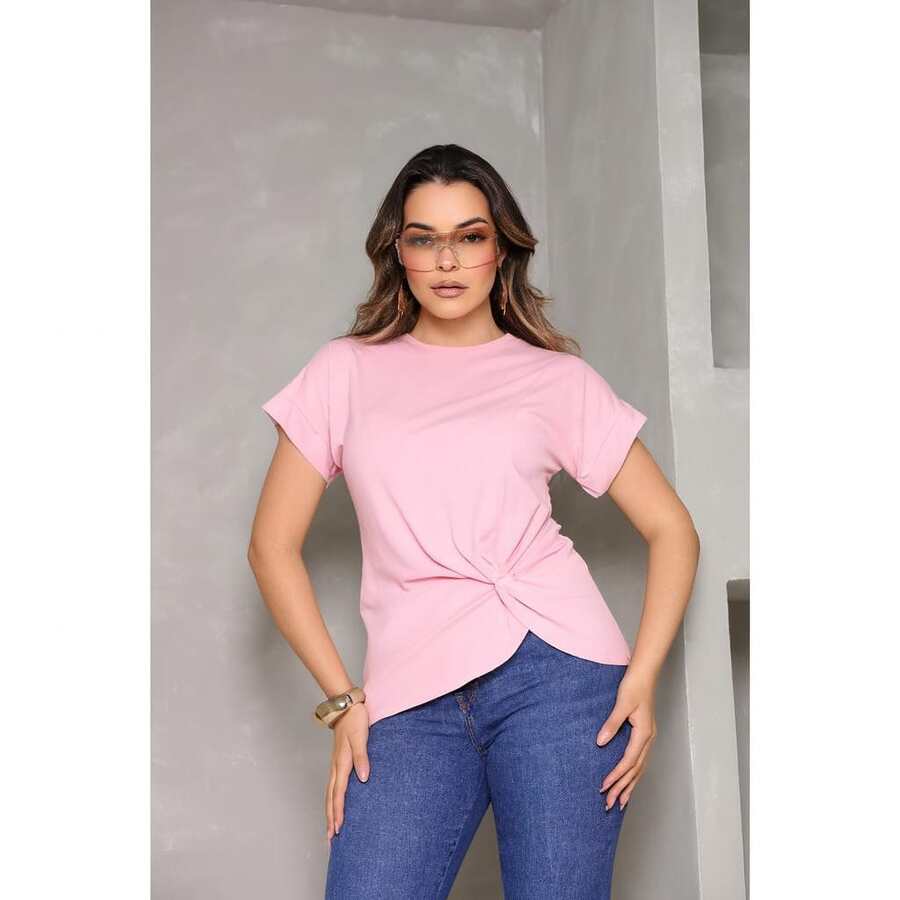 Women's Basic Casual Blouse Fashion 2025 – Comfortable, Versatile, With Front Knot Modern Style - Hồng - Xem 1
