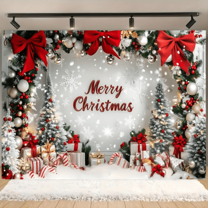 1 pieza Pancarta de fondo de Navidad con guirnalda de lazos - Árbol de Navidad - Diseño de decoración de regalos, adecuado para decoración navideña, decoración de murales del hogar, fiesta de celebración de Navidad de invierno, decoración del porche delantero, artículos decorativos para exteriores.