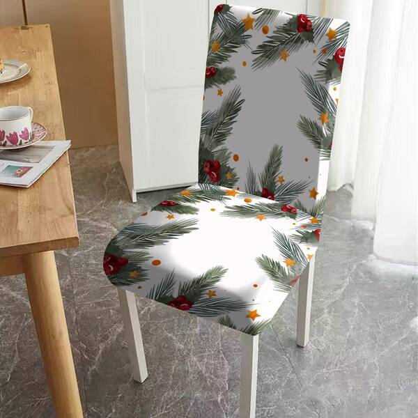 [Elastischer Weihnachts-Polyesterfaser Stuhlbezug] Hochelastisches Material umschließt den Stuhlkörper eng wie Weihnachtsstrümpfe, mit 3D-Schneeflocken und golden glänzenden Stechpalmenblättern, die auf dunkelgrünem Grundstoff tanzen und funkeln.