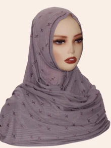 1pc Women's Elastic Cotton Soft Striped Hijab Fabric Long Scarf, Middle Eastern High-End Rhinestone Crafted Star & Floral Design, High Fashion Headscarf, Daily & Outdoor Shawl