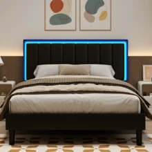 Twin / Full/ Queen/ King Size Bed Frame With LED Light, Upholstered Bed Frame With Headboard, No Box Spring Needed, Easy Assembly, White/ Pink/ Black, Twin / Full/ Queen/ King ( USB LED Strip) - màu đen - Xem 1