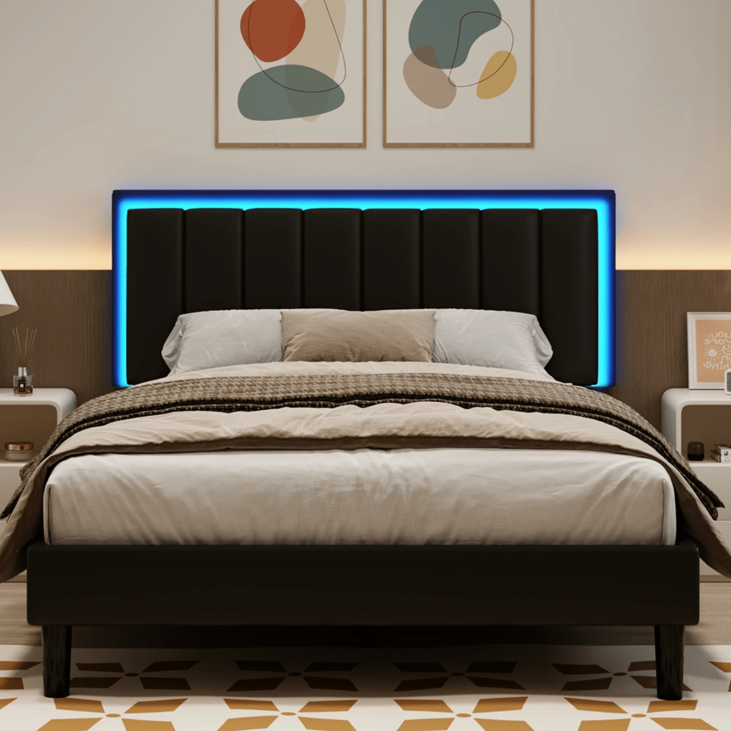 Twin / Full/ Queen/ King Size Bed Frame With LED Light, Upholstered Bed Frame With Headboard, No Box Spring Needed, Easy Assembly, White/ Pink/ Black, Twin / Full/ Queen/ King ( USB LED Strip) - màu đen - Xem 1