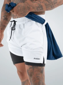 Kit 2 Men's Bermuda Shorts 2 In 1 With UV 20 Protection Sport Revolution White And Blue Training Shorts - 彩色 - 查看 5