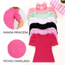 Kit 3 Blusinhas Caneladas Infantis Femininas Manga Princesa Sortidas - Multicolorido - Visão 4