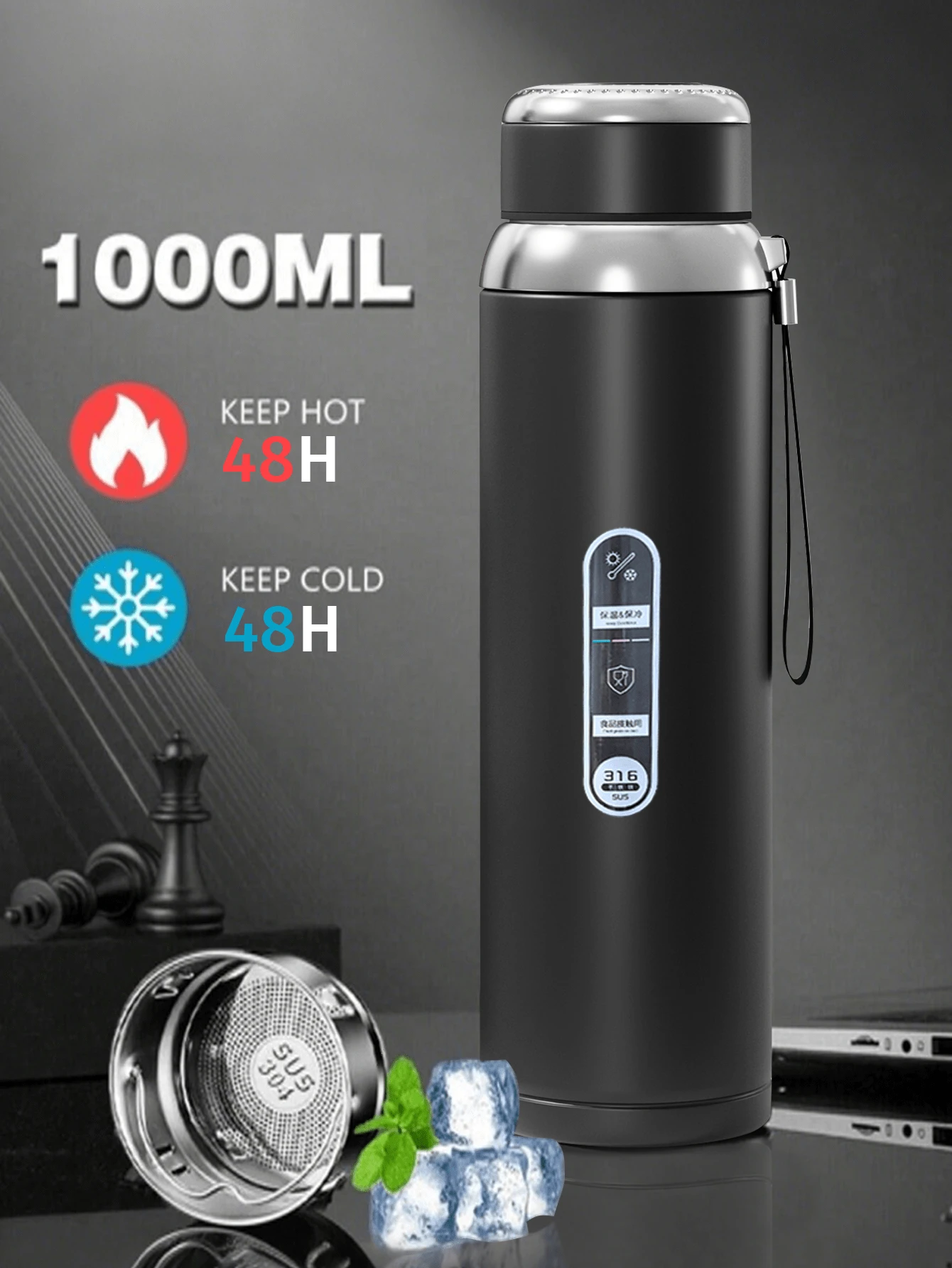 1L/33.81oz Thermal Water Bottle Keep Cold And Hot Water Bottle For Water Tea Coffee Vacuum Flasks Stainless Steel Bottle Can Be Used As A Water Cup Back To School