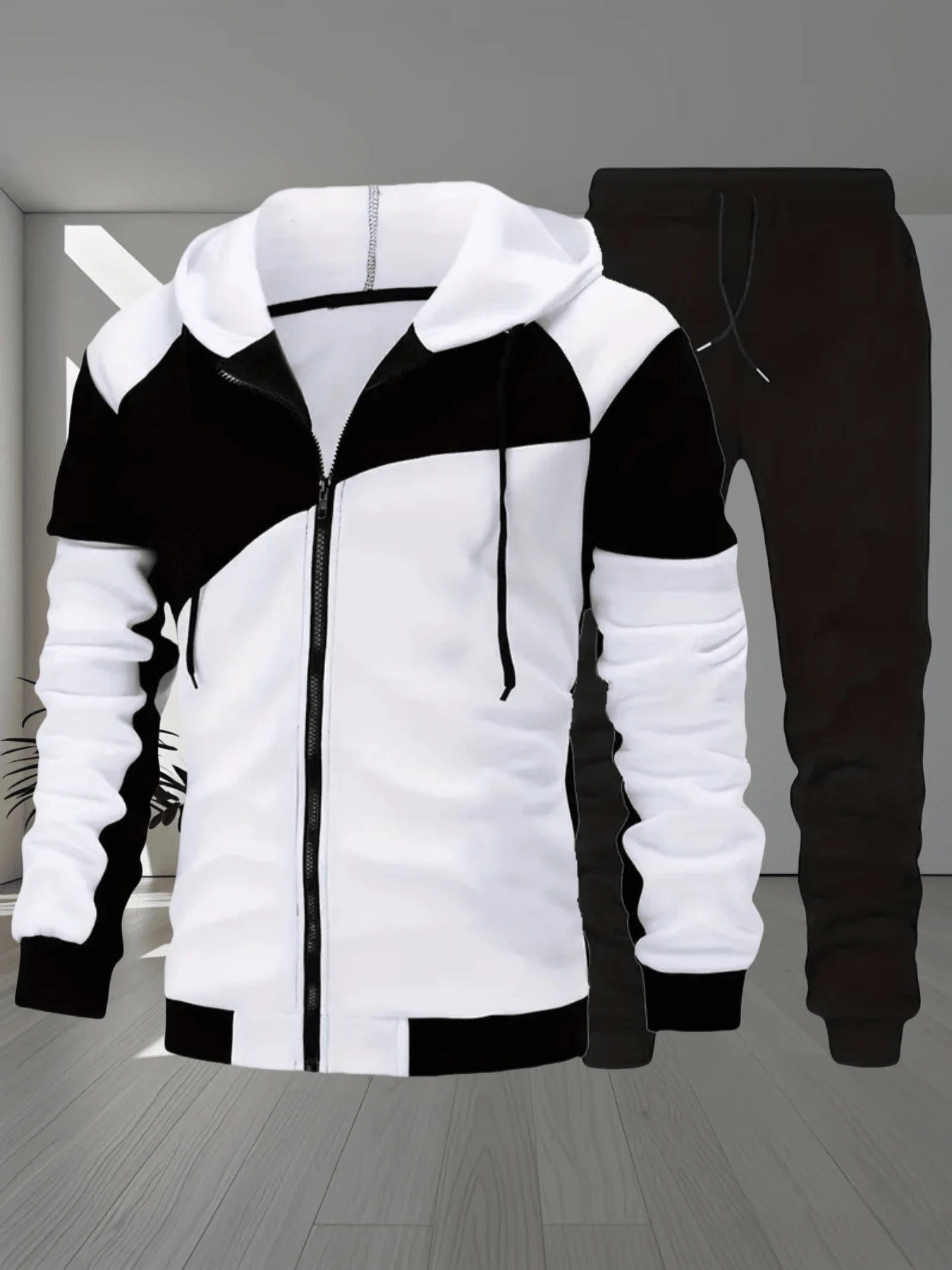 [2-Piece Set] Long-Sleeved Black And White Spliced Hooded Jacket And Solid Color Drawstring Trousers, Men's Casual Sports Suit, Machine Washable, New Autumn And Winter Style, Regular Version, Suitable For Daily Exercise Outside - Đen và trắng - Xem 1