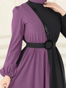 Bata de mujer de moda moderna con bloque de color, cintura alta y adornada con rhinestones, para primavera - Morado - Ver 6