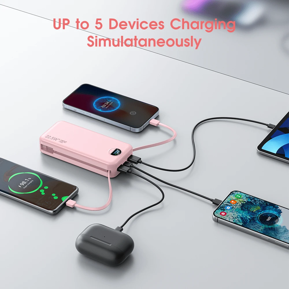 内置线缆和交流电壁式插头的便携式移动电源,20000mAh 超薄快速充电 USB-C 移动充电器,旅行必备电池组,配备 LED 数字显示屏,兼容手机、iPad 等设备。户外电量显示 - 粉色 - 查看 1