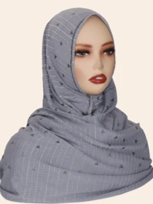 1pc Women's Elastic Cotton Soft Striped Hijab Fabric Long Scarf, Middle Eastern High-End Rhinestone Crafted Star & Floral Design, High Fashion Headscarf, Daily & Outdoor Shawl