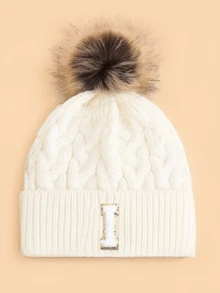 1pc Kids Letter & Pom Pom Knit Beanie Hat, Soft Comfortable Warm Fashionable Versatile Winter Cap, Suitable For Boys & Girls Everyday Wear, Great Gift - White - View 20