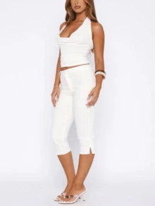 Awevudst Women's Stripe Capri Pants Stretch High-Waist Crop Office Work Pull-On Pants Casual Capris Slacks Yoga - 白色 - 查看 2