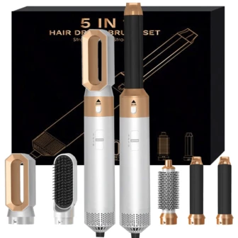 5 in 1 Heißluft-Styler & Haartrockner - Ionische abnehmbare Bürste | Touch- voluminöse Finish, Lockenstab & Glätteisen | Muttertags & perfektes Halloween & Weihnachtsgeschenk (Weiß Gold/Grau Rot)