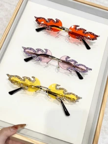 1/2/3pcs Women's Flame Shaped Rhinestone Red Rimless Glasses, European And American Style Exaggerated Personalized Fashion Glasses, Zinc Alloy Temple, Suitable For Party / Music Festival / Street Photography / Theme Event / Stage Performance Niche Eye-Catching Accessory - Multicolor - View 15