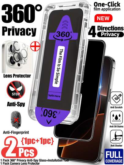 Yezodawee 1pc 360° Privacy Tempered Glass Screen Protector Kit, Auto-Alignment Kit, Includes 1pc High-Definition Clear Tempered Glass Camera Lens Protector, Compatible With IPhone 17 Pro Max/17 Pro/17 Air/17/16 Pro Max/16 Pro/16 Plus/16E/16/15 Pro Max/14 Pro Max/13 Mini/12/11 Series, Full Coverage, Anti-Fingerprint, Anti-Drop, Anti-Scratch, 9H Hardness Tempered Glass Protective Film
