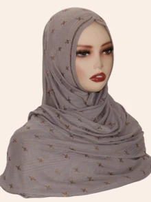 1pc Women's Elastic Cotton Soft Striped Hijab Fabric Long Scarf, Middle Eastern High-End Rhinestone Crafted Star & Floral Design, High Fashion Headscarf, Daily & Outdoor Shawl