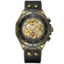 1pc 50M Waterproof Vintage Copper Mechanical Watch Brown Leather Strap Hollow Gear Skeleton Transparent Flying Tourbillon Power Storage Visible On The Back Cover For Real Automatic Mechanical Watch Men's Birthday Gift Husband Father's Day Wedding Souvenir Precise Timekeeping