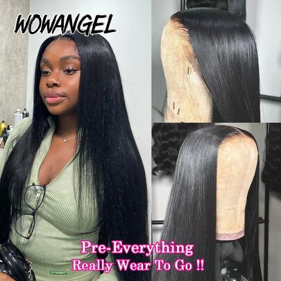 WOWANGEL 200% High Density 13x6 HD Lace Front Wig, Natural Black Color, Pre-Plucked Hairline, Straight Remy Human Hair, Invisible HD Lace, Perfect Skin Fit, Full Lace Front Closure, Bleached Knots