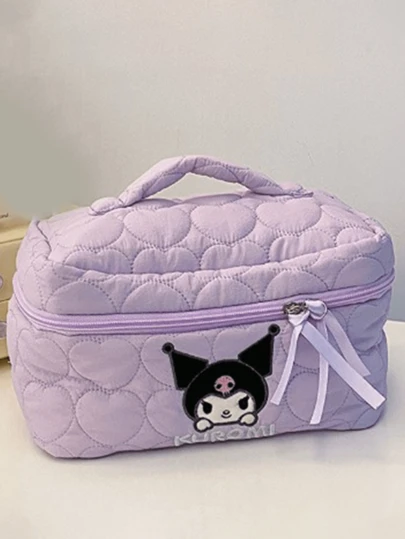 Sanrio Cloud Velvet Cosmetic Bag, Large Capacity, Multi-Color Options (Kuromi), Cute Cartoon Patterns, Double Zipper Closure, High-Quality Durable Fabric, Textured Feel, Neat Stitching, Ideal For Travel, Daily Use, Perfect Gift For Her, Women's Organizer Bag, Makeup Bag, Must-Have Daily Accessory