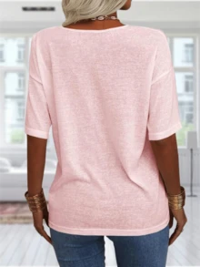 Imily Bela Women Fashion V-Neck Half Sleeves Oversized T Shirt Solid Casual Loose Basic Tops - Hồng - Xem 4
