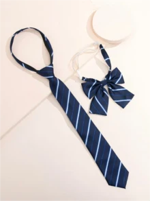 1pc Women's Adjustable Skinny Necktie + 1pc Boutonniere - Navy Blue - View 1