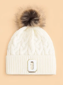 1pc Kids Letter & Pom Pom Knit Beanie Hat, Soft Comfortable Warm Fashionable Versatile Winter Cap, Suitable For Boys & Girls Everyday Wear, Great Gift - White - View 15