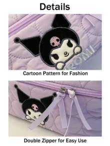 Sanrio Cloud Velvet Cosmetic Bag, Large Capacity, Multi-Color Options (Kuromi), Cute Cartoon Patterns, Double Zipper Closure, High-Quality Durable Fabric, Textured Feel, Neat Stitching, Ideal For Travel, Daily Use, Perfect Gift For Her, Women's Organizer Bag, Makeup Bag, Must-Have Daily Accessory - Purple - View 9