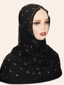 1pc Women's Elastic Cotton Soft Striped Hijab Fabric Long Scarf, Middle Eastern High-End Rhinestone Crafted Star & Floral Design, High Fashion Headscarf, Daily & Outdoor Shawl