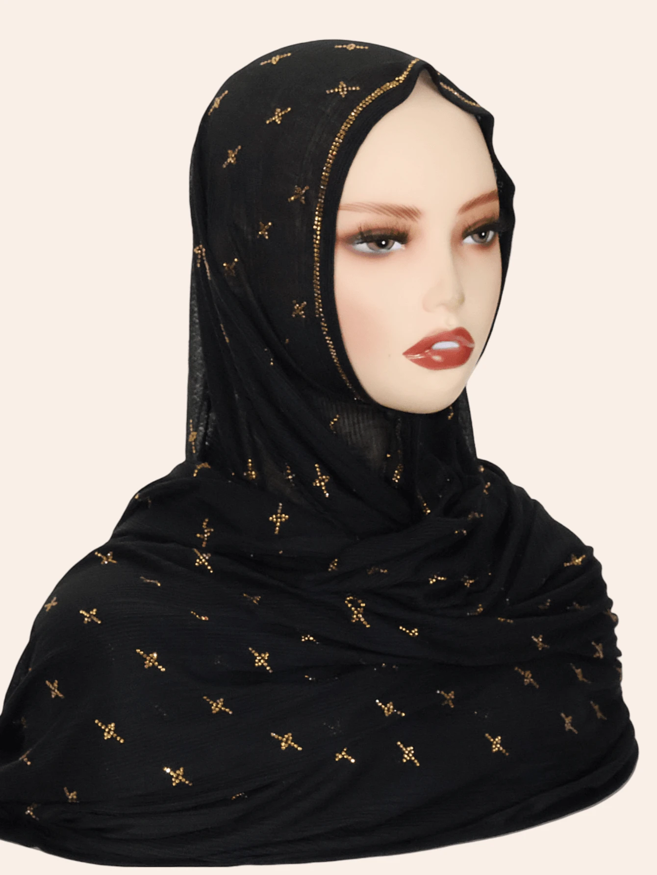 1pc Women's Elastic Cotton Soft Striped Hijab Fabric Long Scarf, Middle Eastern High-End Rhinestone Crafted Star & Floral Design, High Fashion Headscarf, Daily & Outdoor Shawl