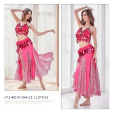 Belly Dance Costumes, Performance Costumes, Dance Skirts, Stage Costumes, Sequined Fringed Bra Sets, Full-Skirted Dresses, Competition Costumes - 玫紅色三件組(上衣+裙子+腰鍊) - 查看 5