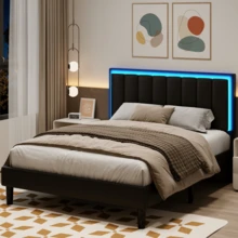 Twin / Full/ Queen/ King Size Bed Frame With LED Light, Upholstered Bed Frame With Headboard, No Box Spring Needed, Easy Assembly, White/ Pink/ Black, Twin / Full/ Queen/ King ( USB LED Strip) - màu đen - Xem 11