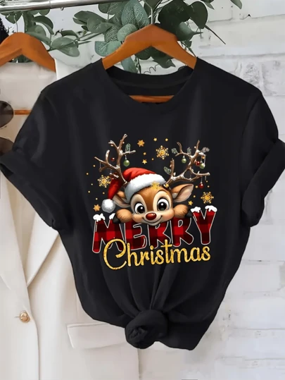 Women'S Festive Deer Christmas Graphic T-Shirt