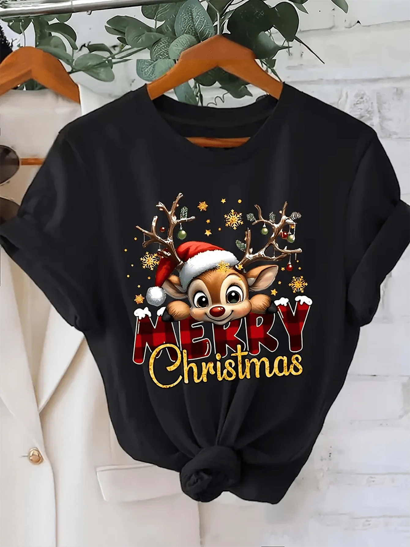 Women'S Festive Deer Christmas Graphic T-Shirt - Black - View 1