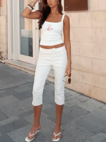 Women's Tummy Control Work Capri Pants Stretch High-Waist Crop Pull-On Pants Casual Capris Slacks Yoga - trắng - Xem 2