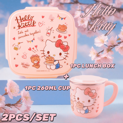 Sanrio 2 Stücke/Set Sanrio Hello Kitty Eiswürfel Lunchbox und KT Wassertasse aus derselben Serie, süßes wiederverwendbares Geschirr, dicht verschließbare Bento-Box und Tasse, tragbarer Lebensmittelbehälter, herausnehmbarer Edelstahl-Milchbecher, witziges Design, zurück zur Schule
