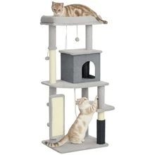 PawHut Cat Tree Tower Scratching Post Bed House, 132cm, Light Grey - Light Grey - View 2