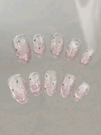 10Pcs Handmade Almond-Shaped Nails, Featuring Star Gradient Cat-Eye Pink And Purple Colors That Make Hands Look Fairer, Super Tender, Sweet And Girly With A Simple Yet Elegant Design. Suitable For Different Women's Daily Wear, Reusable.