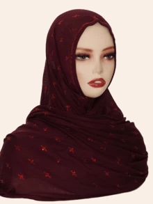 1pc Women's Elastic Cotton Soft Striped Hijab Fabric Long Scarf, Middle Eastern High-End Rhinestone Crafted Star & Floral Design, High Fashion Headscarf, Daily & Outdoor Shawl