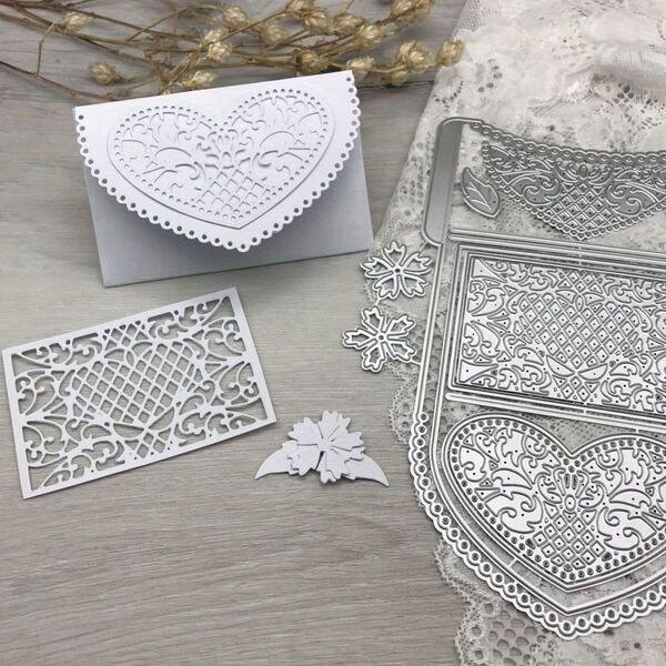 Heart Lace Envelope Metal Cutting Dies Set, Dies For Card Making 1pc, Fantasy Theme Scrapbook Paper Craft & Card Making Die-Cut Stencils, Silver Grey