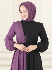 Bata de mujer de moda moderna con bloque de color, cintura alta y adornada con rhinestones, para primavera - Morado - Ver 5