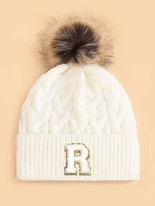 1pc Kids Letter & Pom Pom Knit Beanie Hat, Soft Comfortable Warm Fashionable Versatile Winter Cap, Suitable For Boys & Girls Everyday Wear, Great Gift - White - View 10