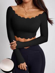 ATTRACO 女士健身上衣，圆领喇叭长袖修身秋冬运动背心，带可拆卸胸垫，瑜伽健身服 - 黑色 - 查看 1