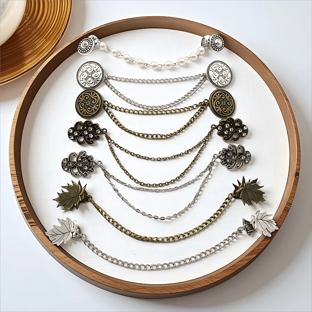 1pc/7pcs Sweater Clip Brooch Set, Vintage Sweater Collar Clips With Tassel Chain, Anti-Slip Shirt Collar Clips, Rhinestone Cardigan Clips