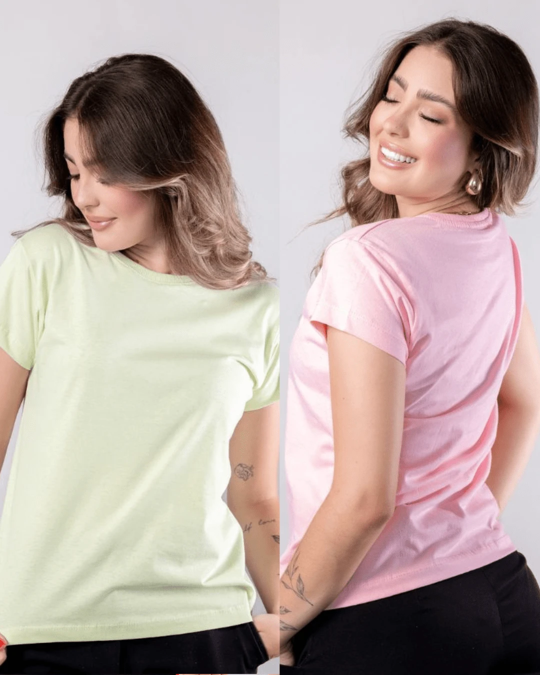 Kit 2 Women's Blouses Baby Look Basic T-Shirt 100% Premium Cotton Plain T-Shirt Traditional High Summer - 奶油黃-粉紅色 - 查看 1