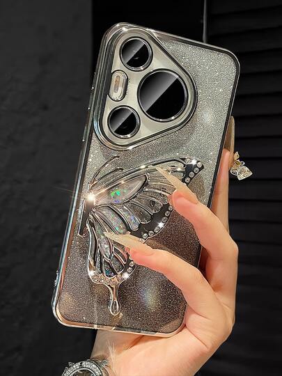 奢华电镀银色手机壳，带蝴蝶液体支架，闪亮水钻风格，新款夏季时尚硅胶防震软壳，兼容三星 Galaxy S24 S25 Ultra FE A56 A16 4G 5G，兼容小米 Redmi 14C，兼容华为 Honor OPPO Reno Realme MOTO Infinix，男女通用 Y2K 风格 2025