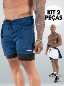 Kit 2 Men's Bermuda Shorts 2 In 1 With UV 20 Protection Sport Revolution White And Blue Training Shorts - 彩色 - 查看 1