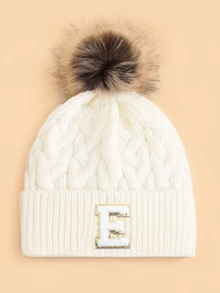 1pc Kids Letter & Pom Pom Knit Beanie Hat, Soft Comfortable Warm Fashionable Versatile Winter Cap, Suitable For Boys & Girls Everyday Wear, Great Gift - White - View 14
