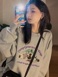 女式宽松图案印花圆领运动衫，秋冬休闲长袖套头衫 - 淺灰色 - 查看 2