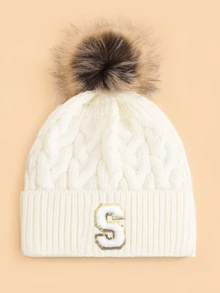 1pc Kids Letter & Pom Pom Knit Beanie Hat, Soft Comfortable Warm Fashionable Versatile Winter Cap, Suitable For Boys & Girls Everyday Wear, Great Gift - White - View 24