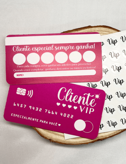 50 Cartão VIP Fidelidade Cliente VIP + Cartela de Adesivos – Diversas Cores | Pronta Entrega - COR rosa